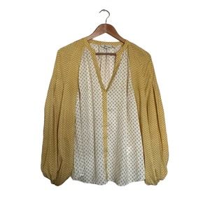 Boden Womens Button Down Blouse Top Yellow White Sz 10 Flower Tulip V-Neck